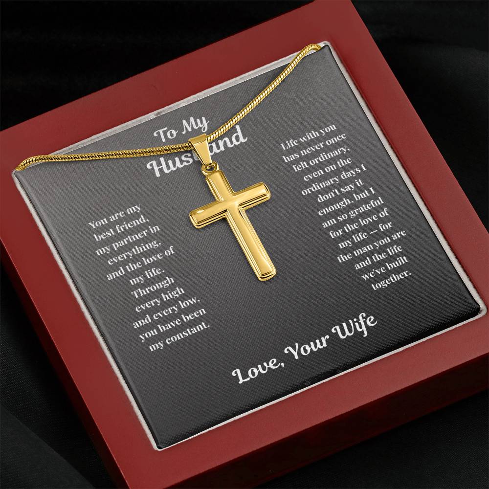 Gold-finish Cross Necklace and message card in open mahogany gift box