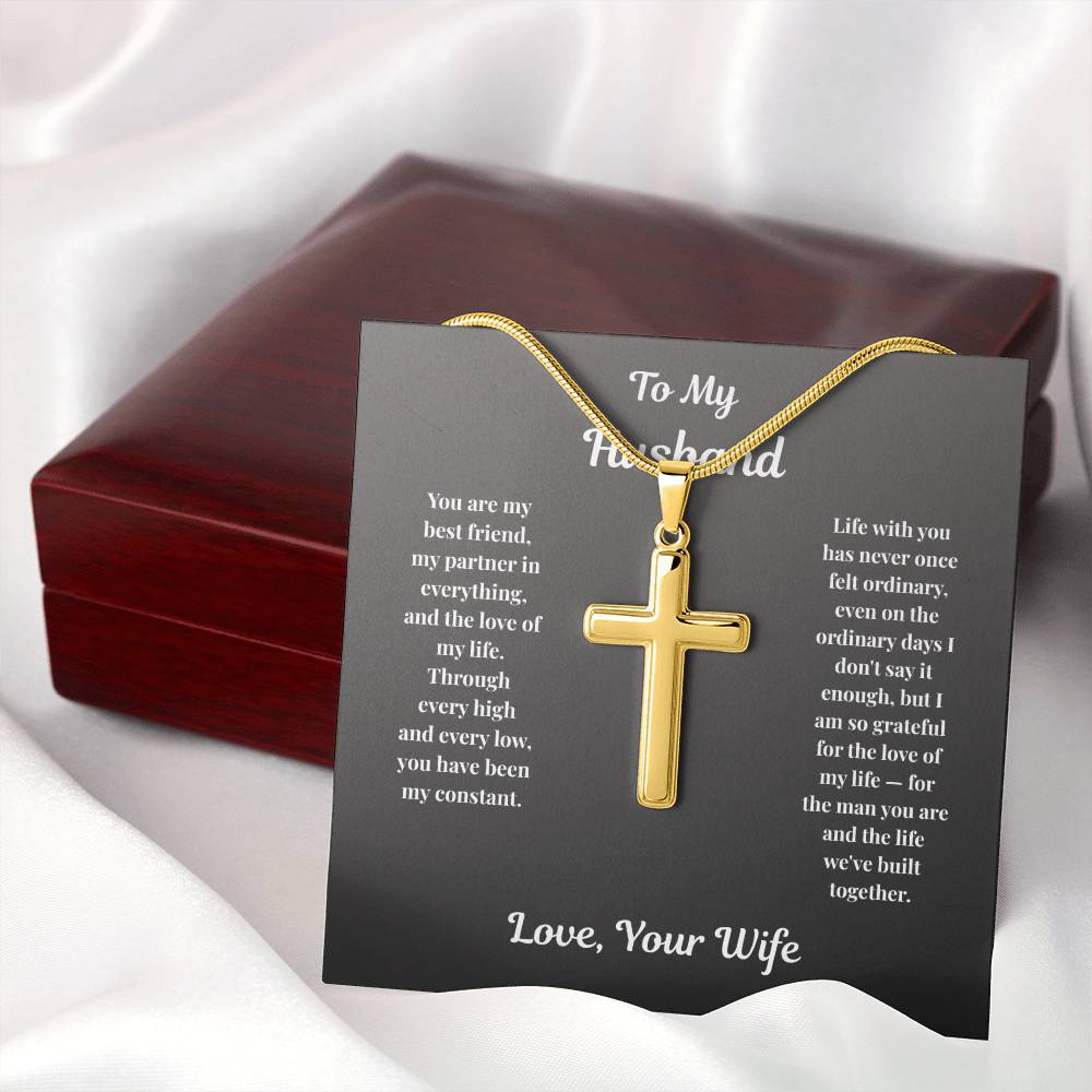 Gold-finish Cross Necklace with husband message card beside mahogany gift box